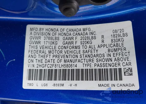 2020 Honda Civic Sport из США, поврежденный, VIN 2HGFC2F81LH580614